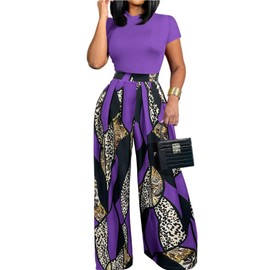 HBQ Women 2 Piece Outfits Short Sleeve Top and Flowy Flare Pants Lounge Sets Tracksuit-XL-Purple Print
