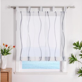 Eslir Roman Blind with Tabs, Transparent Tab-Top Kitchen Curtains, Modern Voile, 1 Piece, Wave Print
