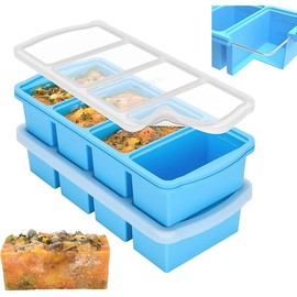 Silicone Freezer Trays with Lid,1-cup Soup Freezer Container large Ice Cube Molds with Reinforced Steel Ring Top for freezing Soup Sauce Broth Leftovers oven Dishwasher -Safe(2-Pack)