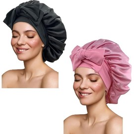 2 Pcs Large Satin Silk Hair Bonnets for Sleeping with Tie Band Adjustable Straps Night Sleep Caps for Women Curly Braid Hair