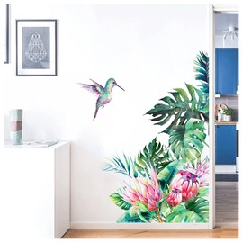 Big Green Leaf Wall Stickers Tropical Plant Birds Hummingbirds Flower Window Decals Decorations Murals Wall Art Decorative Sticker for Kids Living Room Bedroom Nursery Playroom Jungle Party Supplies