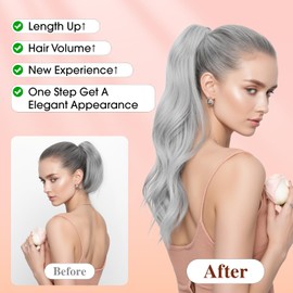 Benehair Claw Clip in Ponytail Hair Extensions 24 Inches Long Curly Wavy Ponytail Extensions Synthetic Drawstring Ponytail Grey to Beige Hair Pieces for Women(Grey to Beige, 210g)