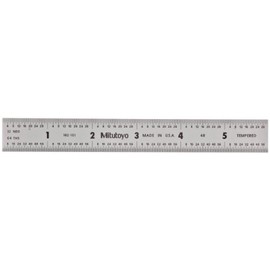 Mitutoyo 182-101, Steel Rule, 6" (4R), (1/8, 1/16, 1/32, 1/64"), 3/64" Thick X 3/4" Wide, Satin Chrome Finish Tempered Stainless Steel, Clear