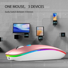 TENMOS Wireless Bluetooth Mouse, LED Slim (BT 5.1 + USB) 2.4GHz Rechargeable Silent Mouse with Type C Adapter for Laptop/MacBook/iPad OS 13 and Above (Rose Gold)