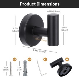 Segus Towel Hooks, Pack of 4 Hooks, Black, Coat Hooks, Stainless Steel, Wall Hooks for Clothes, Bath Sponge, Towels