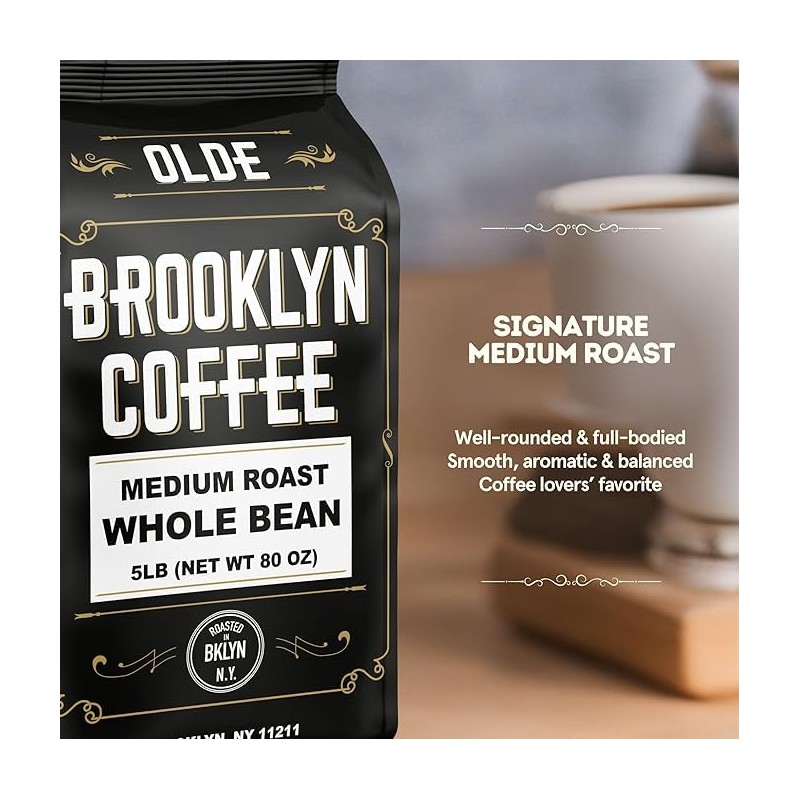 BROOKLYN COFFEE Whole Bean, Classic Medium Roast (5lb) Balanced, Smooth,