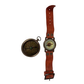 Combo Set Nautical Style Handmade Antique Brass Wrist Compass Leather Strap and Pocket Navigational Instrument Handy Mini Sized Front Face Compass