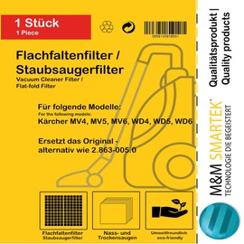 1-10 Flat Filters for Kärcher - Replaces Original Filters Like 2.863-005.0 for MV 4 5 6 P Premium (WD4, WD 4 Premium/Car Kit, 1 Filter)