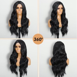 Iswlhics Long Black Wig for Women, Long Wavy Lace Hairline Middle Part Synthetic Heat Resistant Wig for Daily Party (26 Inch)