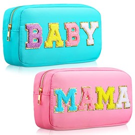 2 Bolsas de Cosméticos de Nailon Neceser de Maquillaje con Letras de Chenilla de Baby y Mama Neceser de Viaje con Cremallera con Parche Cosmético de P