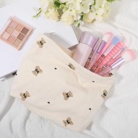 YUXMU Makeup Bag for Women, Corduroy Cosmetic Bear Bag with Zipper Travel Aesthetic Makeup Pouch Toiletry Bag Organizer Storage Purse for Women Brush Storage(beige)