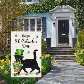 Louise Maelys Welcome St. Patrick's Day Garden Flag 12x18 Double Sided Vertical, Burlap Small Spring Black Cat Yard Flag Banner Shamrock Clover Sign for Home Outside Outdoor Decor (ONLY FLAG)