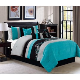 Chezmoi Collection Napa 7-Piece Luxury Leaves Scroll Embroidery Bedding Comforter Set (California King, Teal Blue/Gray/Black)