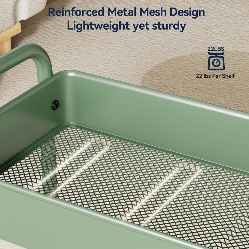 YASONIC 3-Tier Rolling Cart, Green, 66 Pounds Capacity, Mesh Storage
