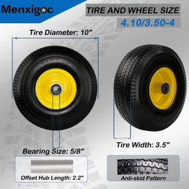 4.10/3.50-4" Flat Free Tire and Wheel, 10" Solid Tire with 5/8" Axle Bore Hole with 3/4" & 1/2" Extra Bearings, 2.2" Offset Hub for Wheelbarrow Hand Truck Garden Wagon Cart Trolley Dolly Lawn Mover
