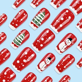 Christmas Press on Nails Short Coffin Fake Nails with Snowman Christmas Tree Designs White French Tip Acrylic Nails Glossy Glue on Nails Red Artificial Stick on Nails for Women 24Pcs