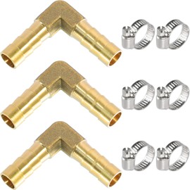 MSAEIQUN Brass Hose Barb,90 Degree L Right Angle Elbow Fitting 5/16" (8mm) Barb Splicer Mender with Stainless Steel Pipe Clamps air hose repair kit for Gas/Fuel/Air (Pack of 3) (Elbow, 5/16 3pcs)