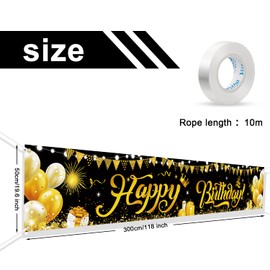 Large Happy Birthday Banner, Colorful Happy Birthday Yard Banner for Girls/Boys, Big Outdoor Birthday Banners, Birthday Party Decorations sign for Kids/Teenager/Aldults, 300 * 50cm (Black Gold)