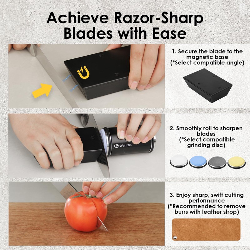 WANTTIK Rolling Knife Sharpener Kit, 4-in-1 w/Leather Strop & 4