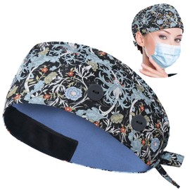 ABAMERICA Working Caps with Button and Sweatband, Adjustable Working Hats for Women Men, One Size(Tie Back or Toggle), 1 Pack: Satin Lined P Tie Back- B40- Bknv Floral, 1