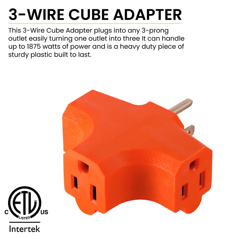 GoGreen Power (GG-3406OR) 3 Wire Cube Adapter, 3-Outlet Wall Tap
