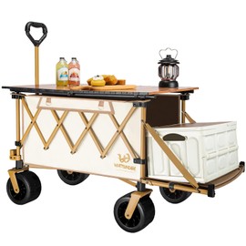 Whitsunday Collapsible Folding Wagon with Table,Heavy Duty Utility Beach Wagons with Opened Tailgate and All-Terrain Wheels for Camping,Garden,Sports Beige