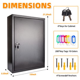 Key Lock Box Cabinet with 200 Hooks, Wall Mount Key Organizer, Safe for Car, Hotels, Office, House - Black