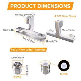 Lyeteung 4 pieces 8 mm glass clamp, aluminium alloy glass holder, adjustable glass clamp, glass connector, glass mounting clip, glass support brackets, for 3-7 mm thick glass, T-shaped