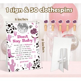 51 Pcs Don't Say Baby Shower Game, Cowgirl Sign with 50 Clothespins, Pink Cowgirl Theme Baby Shower Hat Clothes Pin Game, Fun Gender Reveal Newborn Announcement Event Party Supplies, 01