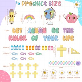 Mooliwe Christian Bulletin Board Decorations Sets Decor Religious Borders Classroom Bulletin Board Cutouts Back to School Chalk Retro Groovy Cute Cross Crayon Church Jesus Ruler Life (Macaron)