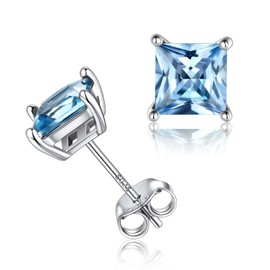 ChicSilver ChicSilver March Birthstone Earrings for Women 925 Sterling Silver Small Princess Cut Aquamarine Blue Gemstone Stud Earrings