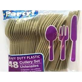 Gold Plastic Cutlery Set 48 Pc Knifes Forks and Spoons