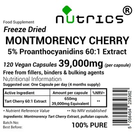 Nutrics® 39,000mg (per Capsule) 120 V Capsules Montmorency Tart Cherry Extract 5% Proanthocyanadins (4 Months Supply) - Pure, No fillers Binders or Bulking Agents (120)