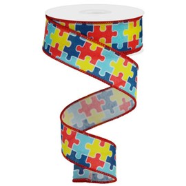 Autism Awareness Puzzle Piece Wired Edge Ribbon (1 1/2 inch x 10 Yards) Crafting Ribbon, Back to School, Awareness Wreath Bow Ribbon