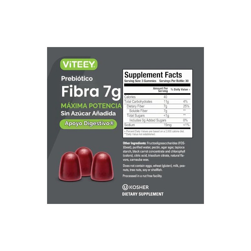 Viteey - Gomitas prebióticas de fibra para adultos, 7 g