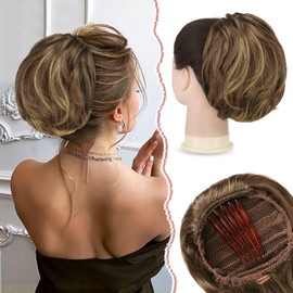 Sofeiyan Comb Bun Hairpiece Short Ponytail Hair Extension Natural Straight Synthetic Hairpieces Drawstring Ponytail Bun Extension with Comb for Women, Blonde Mix Medium Brown
