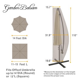 Garden Balsam Patio Umbrella Cover for 12FT to 14FT Offset Umbrella, Water Resistant, Curved Cantilever and Straight Pole Parasol Outdoor Umbrellas Cover with Zipper and Rod