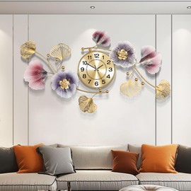 Axioglo Wall Clocks for Living Room Decor,Large Wall Clock,3D Creative Metal Ginkgo Leaf Design,with Silent Movement Wall Clocks for Home Wall Decor Clock（35"x20"）