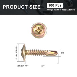sourcing map 100Pcs #8x3/4" Phillips Head Self Tapping Screws, Carbon Steel Self Drilling Flat Head High-Strength Quick Tapping Screws Wood Screw for Wood, Metal, Plastic, Color Zinc