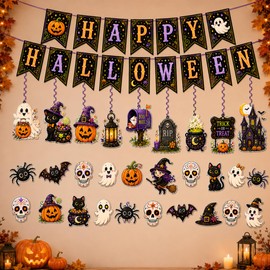 Halloween Party Decorations Indoor Outdoor Set, Happy Halloween Banner with Halloween Cutout Decorations Spiral Hanging Decorations for Home Office Classroom Trick or Treat Party Decor