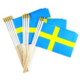 Newperlite Sweden Stick Flag Swedish Small Mini Hand Held Flags - Solid Wooden Pole and Spear Top,12 Pack, 5x8 Inches