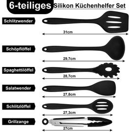Onader Küchenhelfer Set, 6 Teiligs Silikon Küchenutensilien Kochutensilien Set, Hitzebeständiger Kochbesteck Set zum Kochen, Spülmaschinenfest – Schwarz
