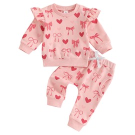 FYBITBO Toddler Baby Girl Valentines Outfit Heart Print Long Sleeve Ruffle Sweatshirt Pants Set 2Pcs Fall Winter Clothes (Heart Bow, 2-3T)
