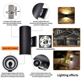 Dusk to Dawn Sensor Outdoor Wall Sconce, ZUUKOLE Exterior Lighting - ETL Listed, Die-Casting Aluminum Waterproof Wall Mount Cylinder Design - Up Down Light Fixture for Porch, Garage, Garden and Patio