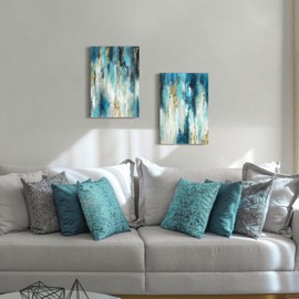 Blue And Gold Wall Decor Set Teal Abstract Painting Canvas Wall Art Decor Colorful Oil Painting Artwork Picture For Bedroom Living Room Bathroom Decorations Aesthetic(12x16x2)