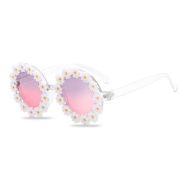 LumiSyne Cute Daisy Sunglasses Men Women Round Frame Flower Decoration Glasses UV400 Prom Party Glasses Photography Props Glasses for Couples Travel Beach White, Purple, Pink