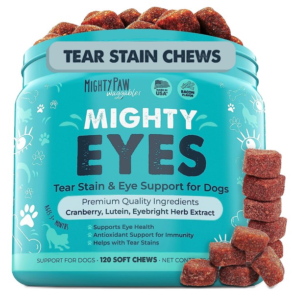 Mighty Paw Waggables Eyes (Made in USA) | Tear Stain Chews for Dogs. Vision and Tear Stain Support Eye Supplements for Dogs. Lutein Dog Tear Stain Supplement. Lubricates Eyes, Immune Support (120 Ct)