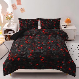 Nttopship Geometric Red Black Comforter Set,Triangle Honeycomb 3 PCS Bedding Set Twin Size for Teen Adult,Modern Quilt Set Geometry Decor,Microfiber Lightweight 1 Comforter 2 Pillowcases