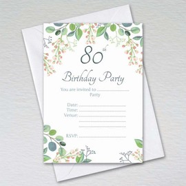 Pack of 80th Birthday Party Invitations with Envelopes: Eucalyptus Eightieth Invites (Pack of 50 with Envelopes)