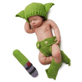 DICHA Handmade Crochet Costume- 4-Piece Set: Hat, Diaper,Booties Shoes and Lightsaber - Baby Photography Props for Newborns 0-3 Months - Soft Yarn Baby Photo Prop for Baby Yoda Fans